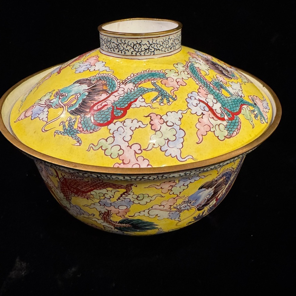 Vintage Canton Enamel on Brass Dragon Bowl with Lid